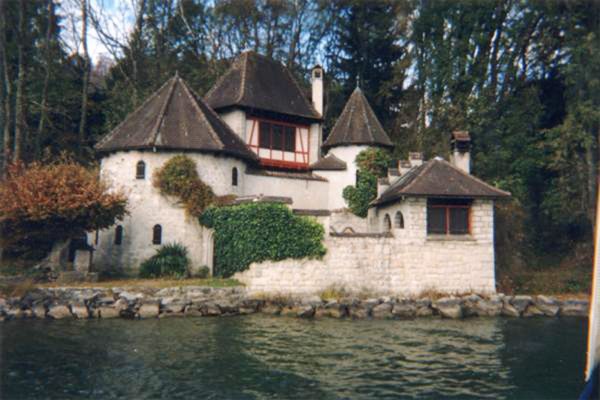 Exterior photograph of Carl Jung's tower at Bollingen, on Lake Zurich.
