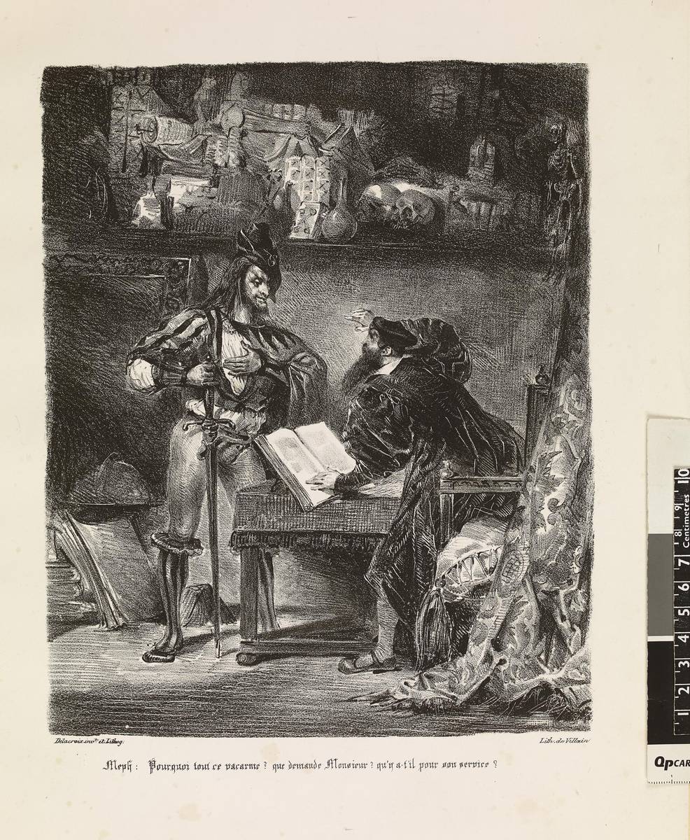 Eugene Delacroix's 1827 lithograph of Mephistopheles appearing to Faust in his study.