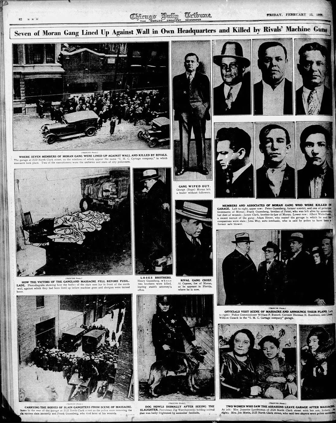 Page 42 of the Chicago Tribune, 15 February 1929, reporting the St Valentine's Day Massacre with photographs.
