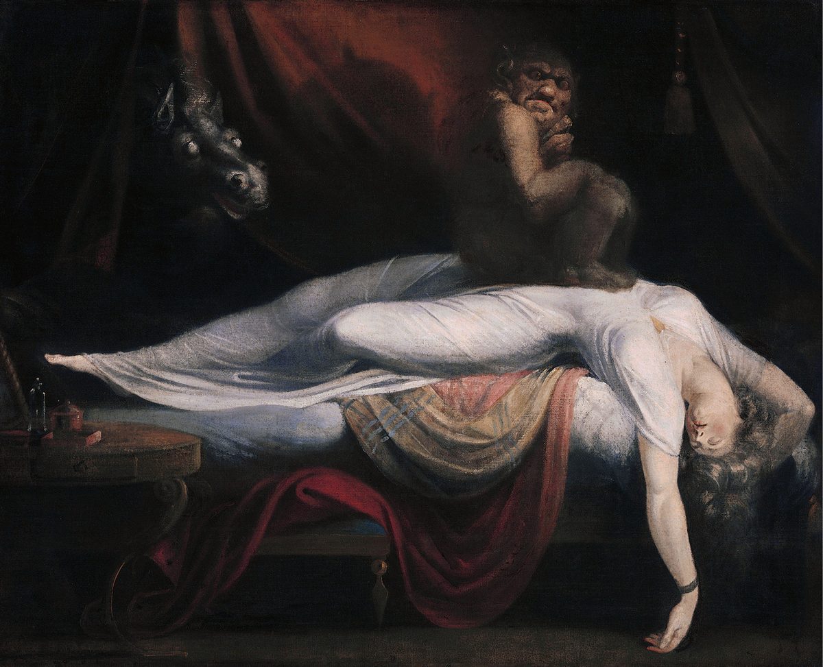 Henry Fuseli's 1781 painting The Nightmare, showing a sleeping woman with a demon crouched on her chest.